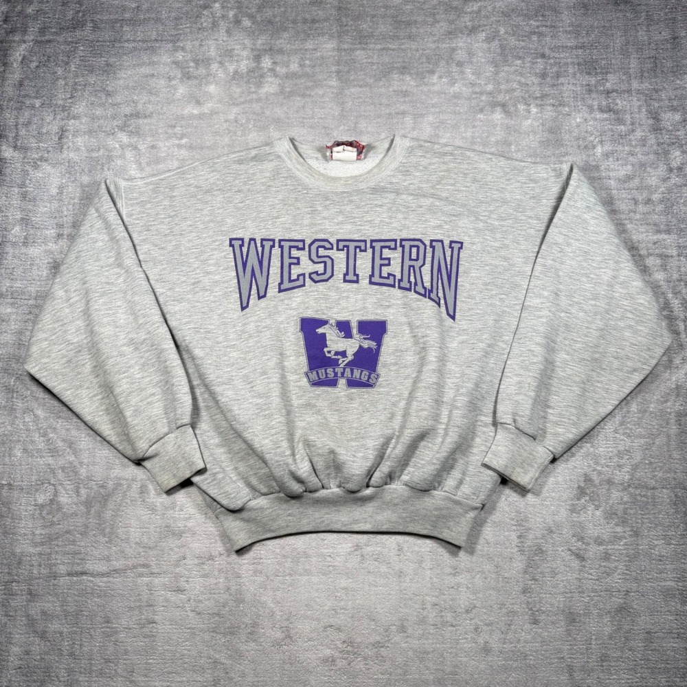 Western University UWO Sweatshirt Men Large Grey Mustangs Vtg 1993 Campus Crew